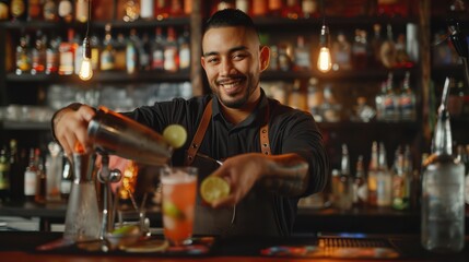A skilled Latin American bartender showcases his craft by mixing drinks in a cocktail shaker, creating a vibrant display of colors and flavors. - Powered by Adobe