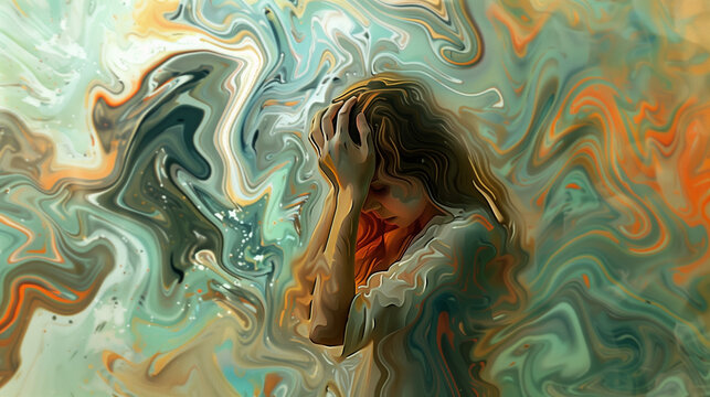 Abstract art, person in emotional distress or feeling intense emotions, landscape format with copy space for text or additions. 