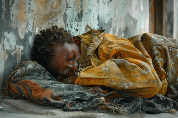 A young child peacefully sleeping on a dirty floor. Suitable for social issues and poverty concepts