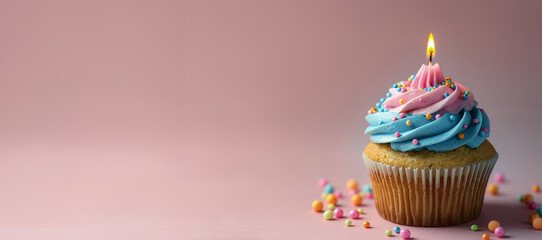 Blue and Pink Cupcake With Candle