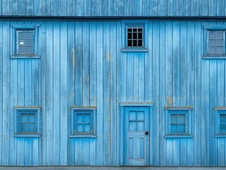 A blue building with a door and windows