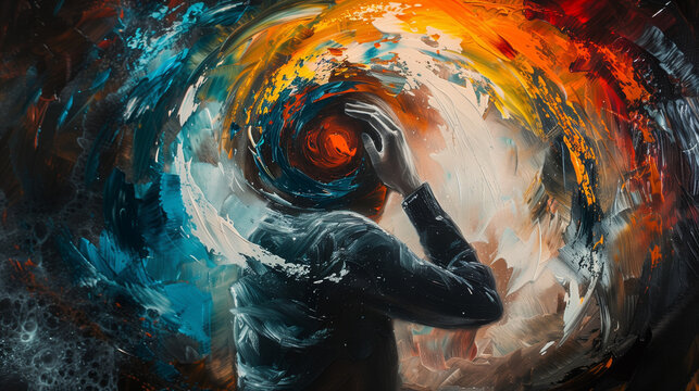 Dramatic abstract art, person in emotional distress or feeling intense emotions, landscape format with copy space for text or additions. 