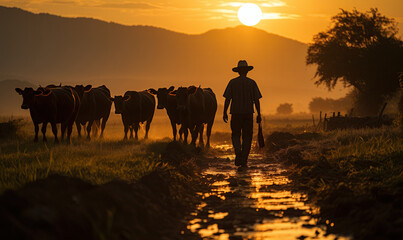 Man Walking Next to Cattle. Generative AI
