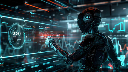 Futuristic Virtual Financial Assistant Analyzing Holographic Market Data in Sleek High Tech Environment