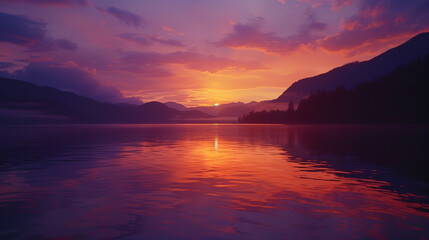 Fototapeta premium The sun dips below the horizon, casting a warm, golden glow across the landscape. 