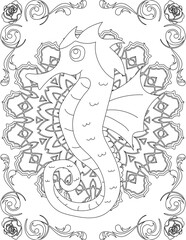 Seahorse on Mandala Coloring Page. Printable Coloring Worksheet for Adults and Kids. Educational Resources for School and Preschool. Mandala Coloring for Adults