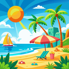 Fototapeta premium Bright, sunny beach scenes with clear skies for travel, vacation, or leisure content.