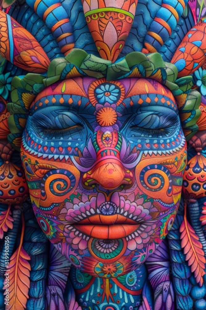 Canvas Prints A close up of a colorful face painted on the wall, AI