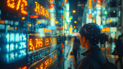 People in a blurry metropolis are seen observing a digital stock market display that shows glowing numerical values representing real-time trade data.