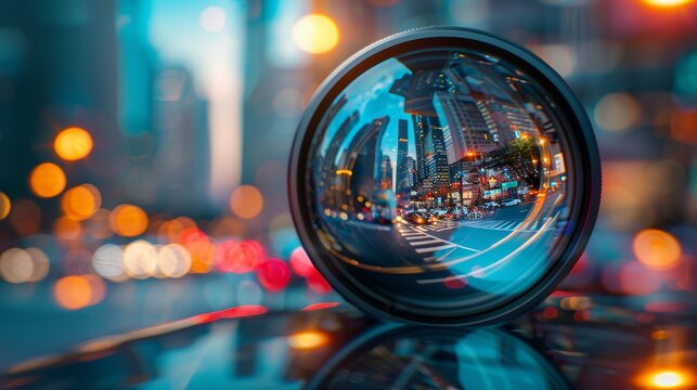 Capture a mesmerizing close-up of a crystal-clear camera lens reflecting a vibrant cityscape, emphasizing sharpness and depth Utilize CG 3D for a hyper-realistic final image