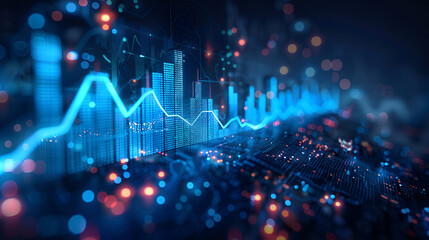 An LED panel with a blue stock exchange market graph is used for business analysis. Economic and financial graphs.