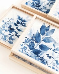 Artistic Display of Cyanotype Botanical Prints in Wooden Frames - Detailed Blue Plant Impressions on White Background