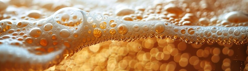Close-up of beer foam cascading over the edge of a glass, highlighting the creamy texture and microbrewery quality Detailed, rich texture