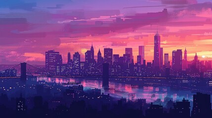 Illustrate a city skyline at sunrise