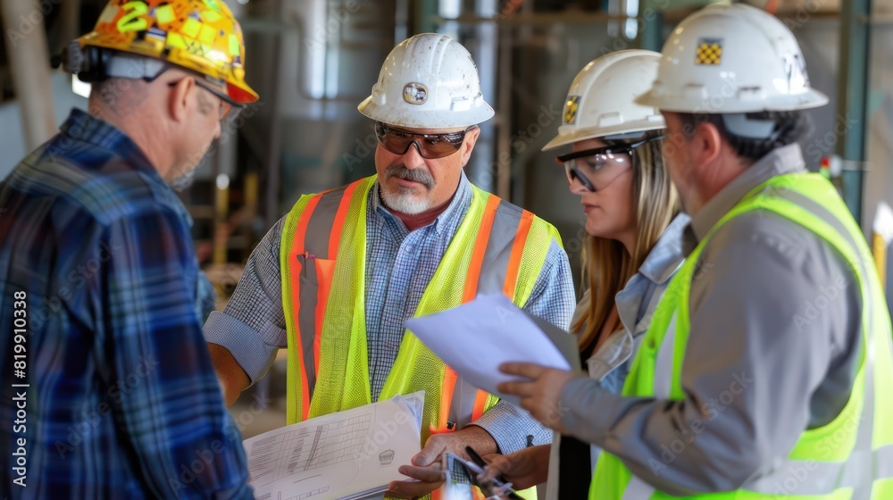 Wall mural plant staff safety technicians reviewing and refining their safety protocols in a meeting led by the