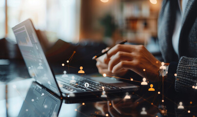 Businessman Using Tablet: Customer Network, CRM, HR Tech for Lead Management, Client Service, Recruitment