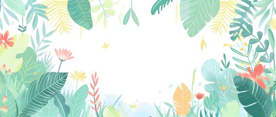 Lush Tropical Foliage Frame with Vibrant Green Leaves and Floral Patterns in Botanical Garden Background