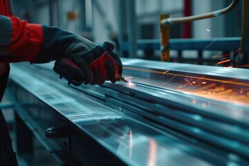 Man in a red jacket cutting metal, suitable for industrial concepts