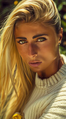 Close-Up Portrait of Blonde Woman with Intense Green Eyes