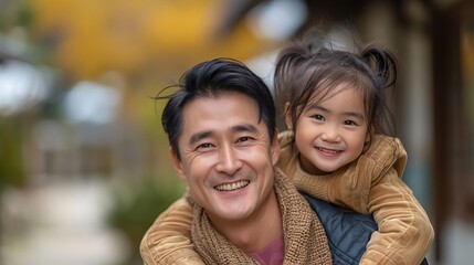 Obraz premium Heartwarming scene of an Asian dad and daughter, the father giving a piggyback ride, full of smiles