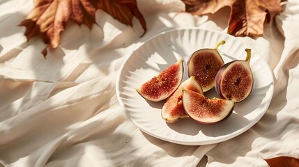 Aesthetic fig fruit autumn composition cut fig on plate with dried leaves and natural sunlight shadows on neutral beige linen tablecloth Lifestyle fall healthy vitamin food diet concep : Generative AI