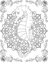 Seahorse on Mandala Coloring Page. Printable Coloring Worksheet for Adults and Kids. Educational Resources for School and Preschool. Mandala Coloring for Adults