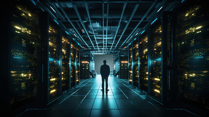 Network and internet communication technology concept, data center interior, server racks with telecommunication equipment in data center server room, man inception the equipment  