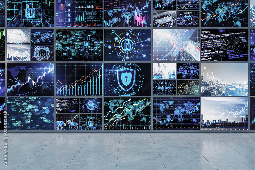 Poster multiple cybersecurity and financial data screens on a wall, shown in modern graphic style, with a t