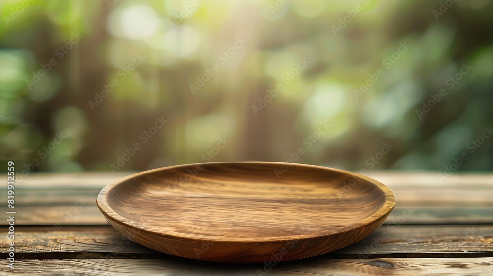 Poster Empty wooden plate on wood table Soft blurry background of free space for your copy and branding Use as products display montage Vintage style concept : Generative AI