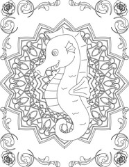 Naklejka premium Seahorse on Mandala Coloring Page. Printable Coloring Worksheet for Adults and Kids. Educational Resources for School and Preschool. Mandala Coloring for Adults
