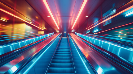 A long, narrow, blue escalator with a reflective surface