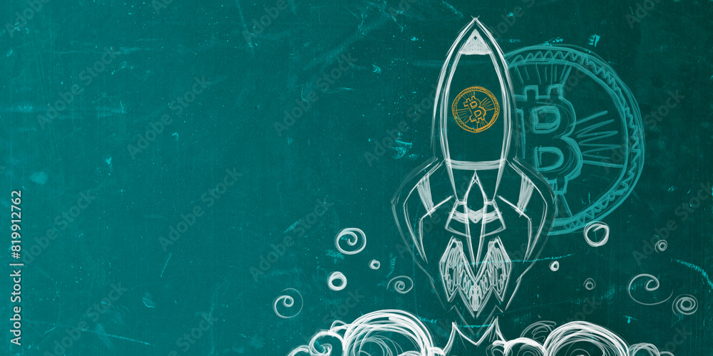 Poster A chalkboard drawing of a rocket symbolizing a Bitcoin launch, with a creative concept on a teal background. 3D Rendering