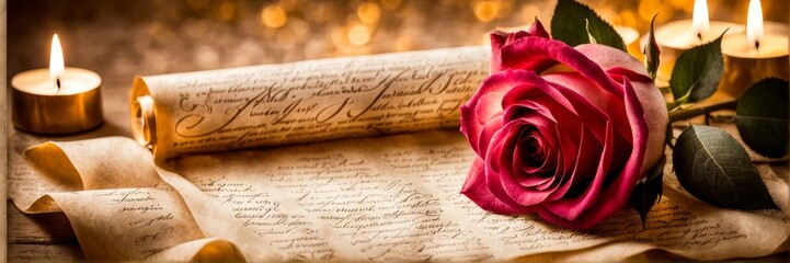 The banner. An elegant rose on antique parchment in the candlelight.
