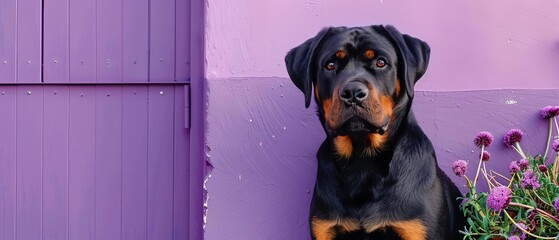 Rottweiler guarding the house,with Pastel Purple background,free space, with copy space for text