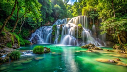 waterfall with clear green water with a green forest background and the sun shining