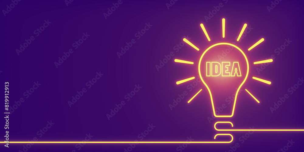 Poster neon light bulb with the word idea inside, illustration on a purple background, conveying a concept 