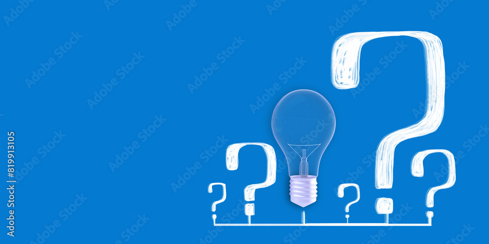 Poster a light bulb with a digital question mark concept on a blue background, symbolizing ideas and querie