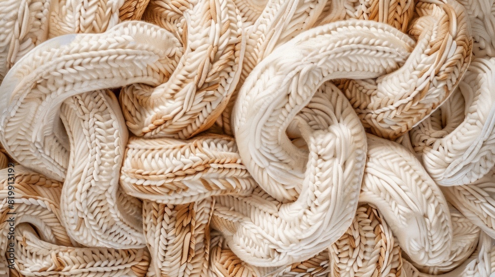 Poster intricate aerial view of symmetrical cream crochet pillows highlighting geometric textures and patte