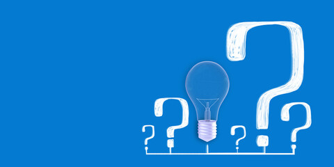 A light bulb with a digital question mark concept on a blue background, symbolizing ideas and queries. 3D Rendering