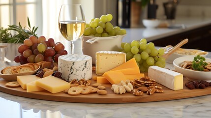 An elegant cheese board with a variety of cheeses, crackers, and grapes, styled on a marble countertop, capturing the essence of sophisticated entertaining