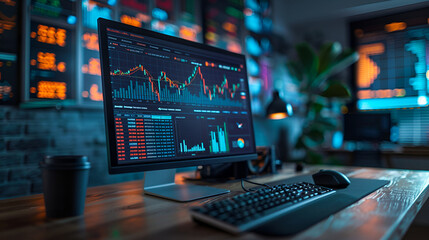 An advanced financial dashboard that shows computerized charts of the stock market and several investment graphs Global financial markets are digitally represented in the background. Vibrance