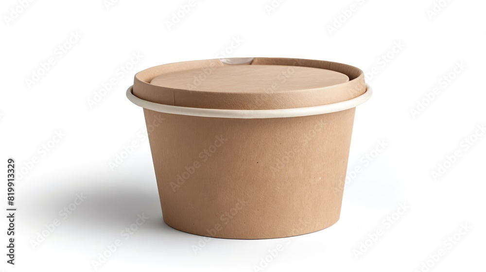Poster front view of brown disposable paper bowl with plastic lid isolated on white : generative ai