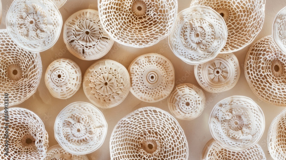 Aufkleber aerial view of symmetrically arranged cream crochet pillows highlighting textured geometric patterns