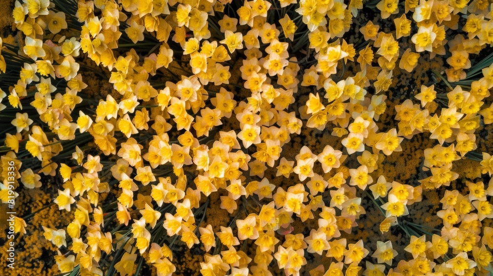 Poster aerial view of vibrant yellow daffodils in symmetrical geometric pattern, bright daylight illuminati