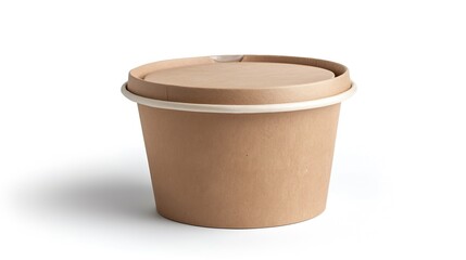 Front view of brown disposable paper bowl with plastic lid isolated on white : Generative AI