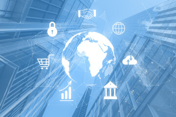 Digital icons overlaying a glass building, symbolizing global business, on a clear blue background, concept of connectivity