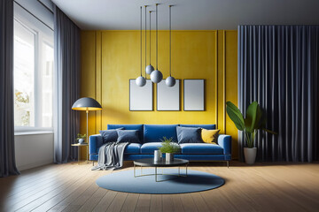 Stylish Modern Living Room with Bold Yellow and Blue Accents