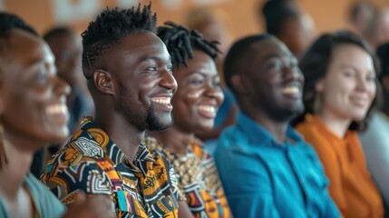 Candid shot of men and women exchanging smiles and positive vibes while attending a seminar.