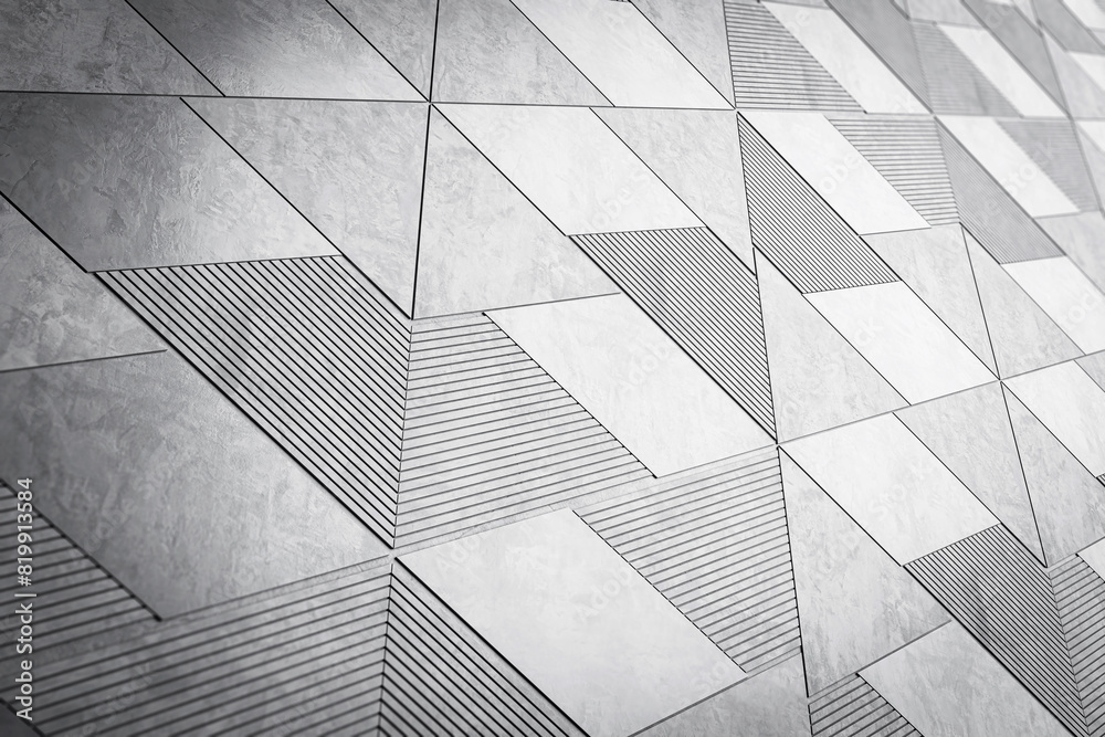 Poster An abstract geometric pattern with varying textured triangles, modern and monochromatic, against a plain background, concept of minimalism. 3D Rendering