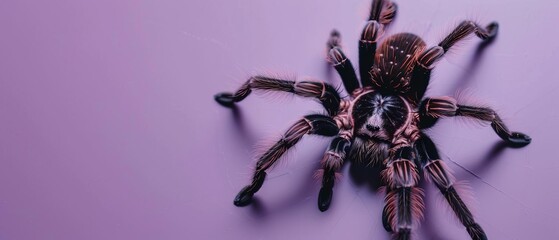 Obraz premium Tarantula spinning a web,with Pastel Lavender background,free space, with copy space for text